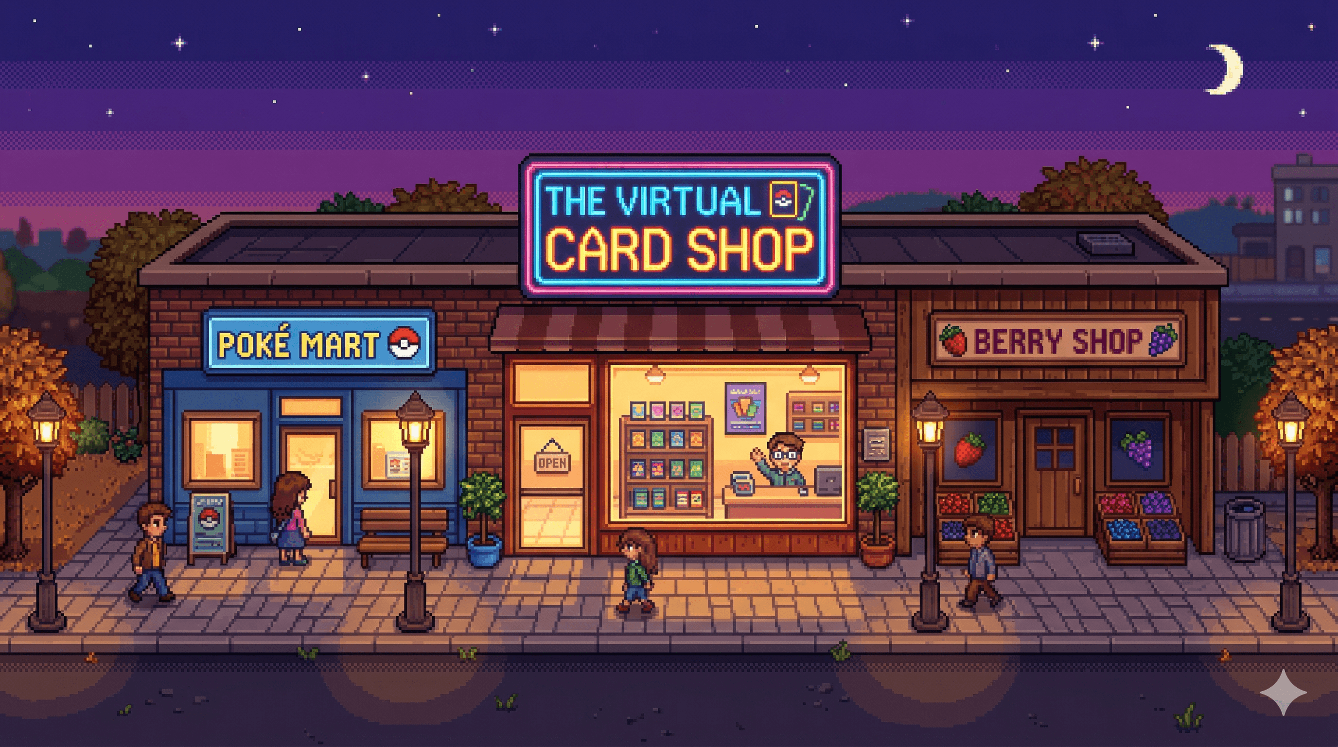 The Virtual Card Shop — Exterior pixel art scene at dusk